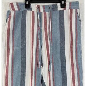 Per Se Linen Pants Large Blue Striped Capri Pull On Womens